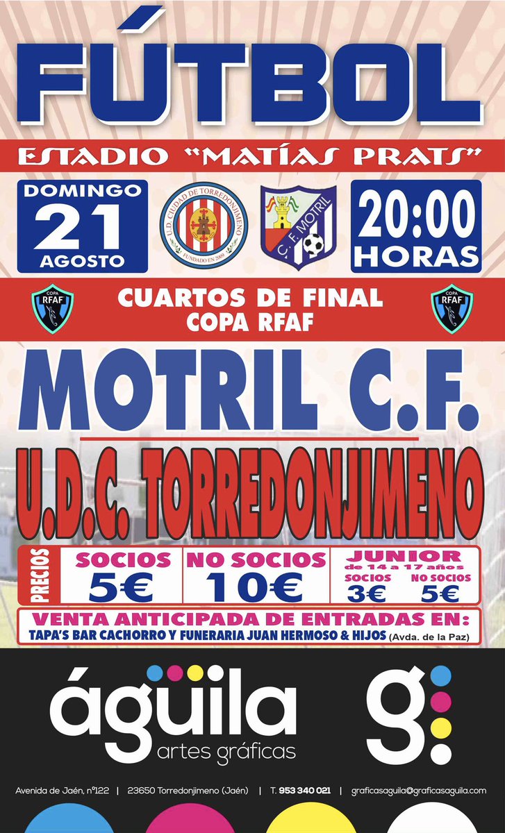 UDCTOFICIAL's tweet photo. 📣🚨!!!VUELVE EL FÚTBOL AL MATÍAS PRATS!!!🚨📣

📆|DOMINGO, 21 DE AGOSTO 
⏰|20:00h
🆚|@CFMOTRIL 
🖇|1/4 FINAL COPA @RFAF (IDA)
📺|@RFAF_tv 

ROGAMOS UTILICEN LA VENTA ANTICIPADA DE ENTRADAS EN EVITACIÓN DE AGLOMERACIONES 

#UDCT22/23
🟥⬜️🟥⬜️ https://t.co/UxLNjpYrEC