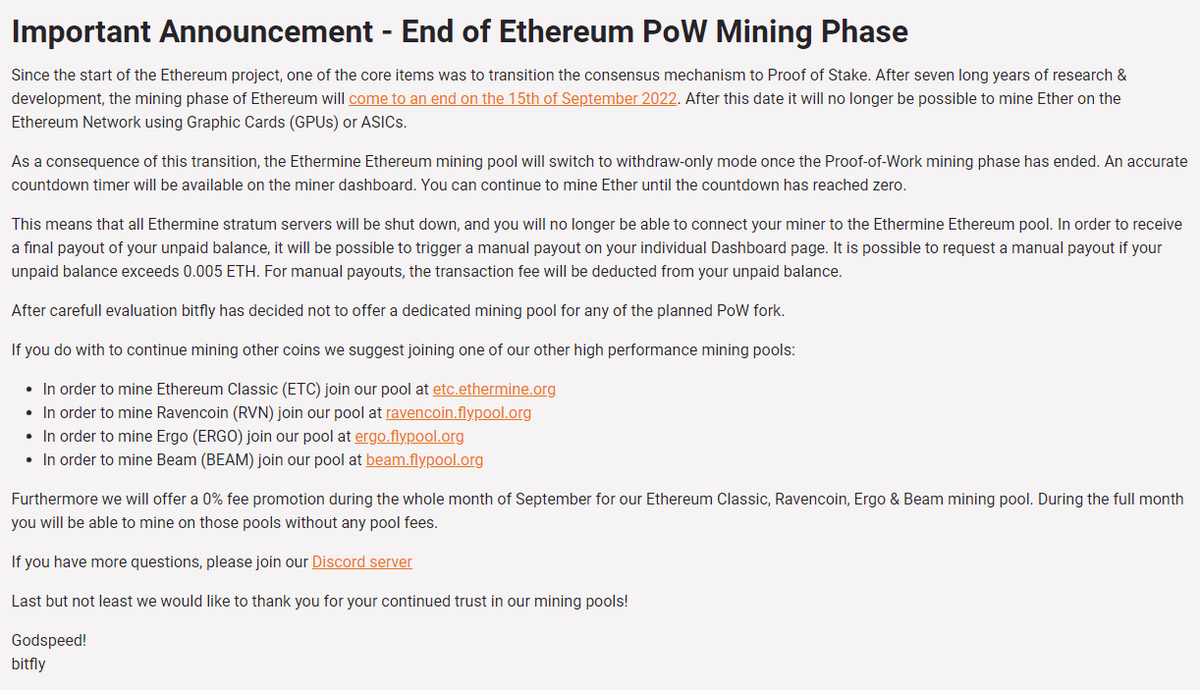 The largest mining pool Ethermine to stop supporting ETH PoW mining.
1. ETHW is welcoming all GPU and ASIC miners to join.
2. and encouraging Ethermine engineers to create ETHW mining pools.
3. ETHW Core will not "own" any pool, and will never shift to PoS.
#EthereumMerge #ethw