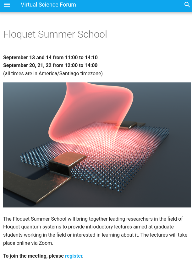 Together with <a href="/BSeradjeh/">Babak S 🇨🇦🇺🇸🏳️🇺🇦🎗️</a> and <a href="/sentefmi/">Michael Sentef</a>  we are happy to announce the 𝗙𝗹𝗼𝗾𝘂𝗲𝘁 𝗦𝘂𝗺𝗺𝗲𝗿 𝗦𝗰𝗵𝗼𝗼𝗹 by the Virtual Science Forum. Check the program and register now at the school page.
virtualscienceforum.org/floquet-school/ <a href="/VirtualSciForum/">VirtualScienceForum</a> #VirtualScienceForum