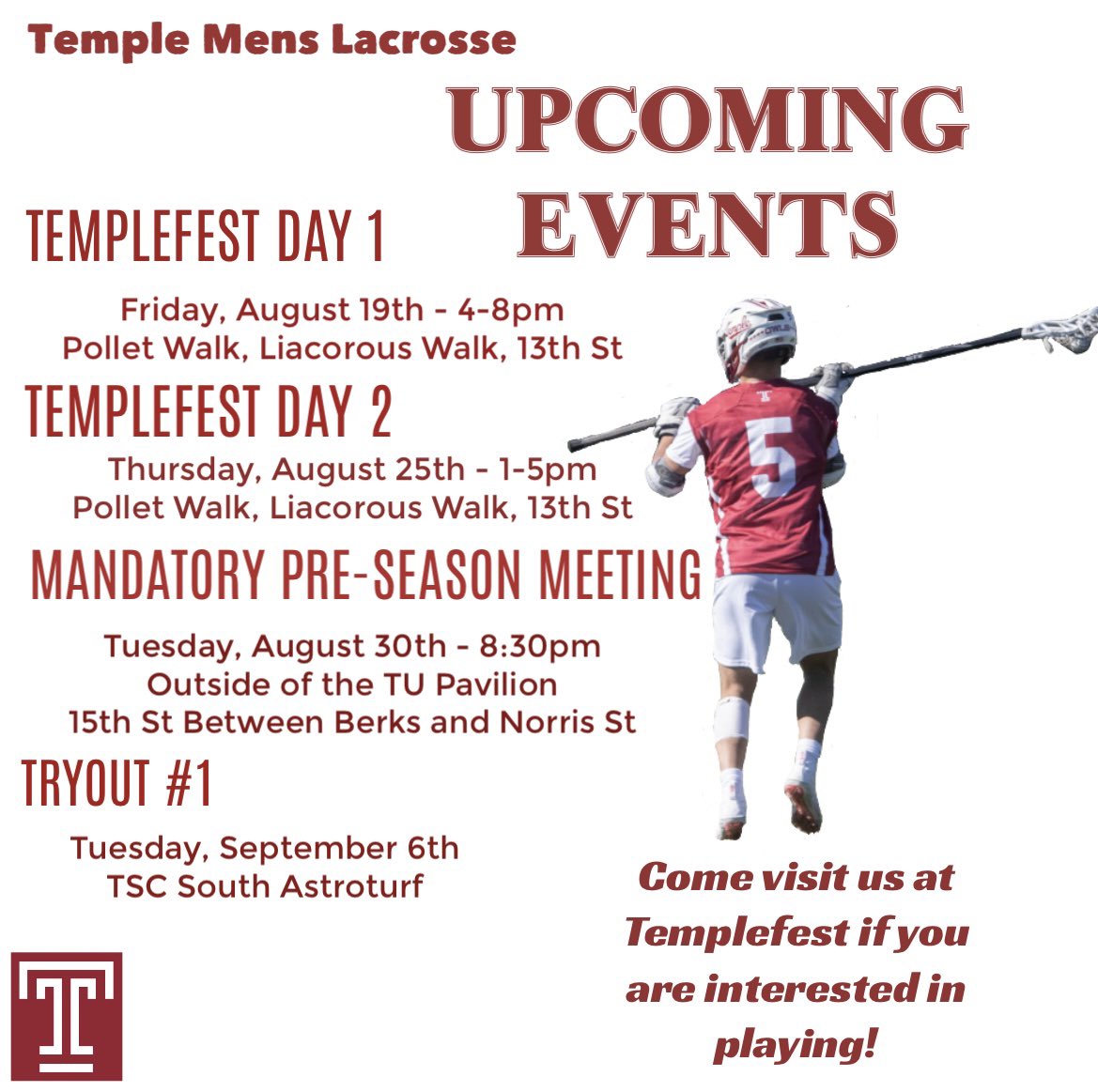 TempleMensLax's tweet photo. Interested in trying out this year? Use the link below to fill out our information form and join the email list to receive updates regarding tryouts. Catch us at Temple Fest today and next week!  https://t.co/I6fJneAHvj https://t.co/yRAhdWRVOb
