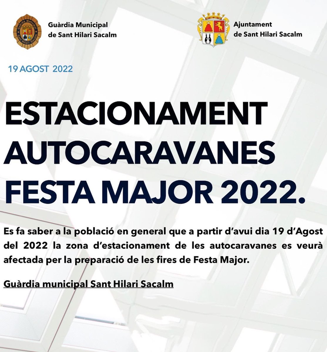 GMSacalm's tweet photo. ⚠️ Zona autocaravanes 🚐 

La zona d’estacionament de les autocaravanes es veurà afectada per les tasques de preparació de festa major de la propera setmana. L’estacionament queda prohibit del 22 al 30 d’agost. Es podrà estacionar amb autocaravana a la zona verda de la Bòbila. https://t.co/d41EqVccaV