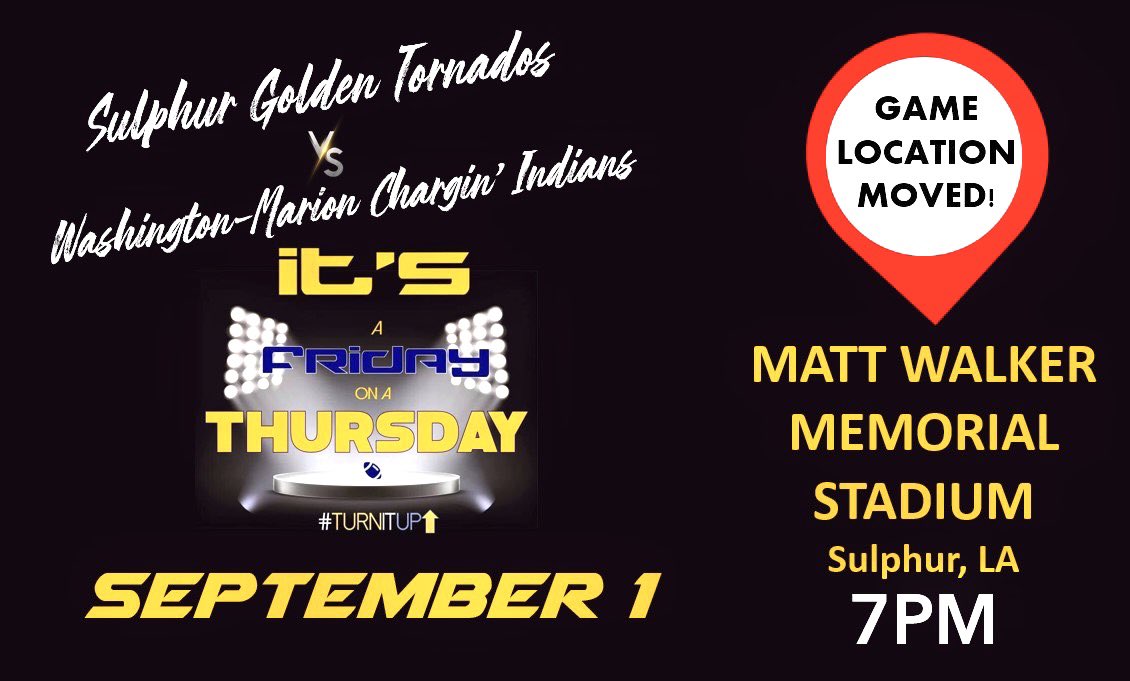 SulphurTor's tweet photo. Golden Tors season opener LOCATION has been MOVED from Wash-Marion to SULPHUR!
Reminder game is on THUR 9/1
Tix purchase is next week 9-noon Mon-Thur in Jessica Wilfer office or at gate before game & all tix are GENERAL ADMISSION!
#intheheeloftheboot #GetTorUp
๐๐๐ช๐๐ช๐๐ https://t.co/1CKQXby3P9