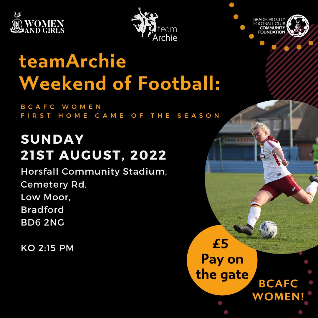 Bradford City AFC Women (@bcafc_women) on Twitter photo ⚽️| Less than 48 hours to go until our first game of the <a href="/FAWNL/">FA Women's National League</a> 22/23 season, against <a href="/BoroWomen/">Middlesbrough FC Women</a>!
Join us on Sunday <a href="/BPAFCOfficial/">Bradford (Park Avenue) AFC</a> for a 2.15pm kick off, with tickets priced at only £5 per adult and free for U16's
The game also continues our <a href="/team_archie1/">teamArchie</a> Weekend of Football! ⚽️| Less than 48 hours to go until our first game of the <a href="/FAWNL/">FA Women's National League</a> 22/23 season, against <a href="/BoroWomen/">Middlesbrough FC Women</a>!
Join us on Sunday <a href="/BPAFCOfficial/">Bradford (Park Avenue) AFC</a> for a 2.15pm kick off, with tickets priced at only £5 per adult and free for U16's
The game also continues our <a href="/team_archie1/">teamArchie</a> Weekend of Football!