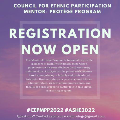 Did you know registration is open for <a href="/CEP_MPP/">ASHE CEP_MPP</a>? We are looking for protégés &amp; mentors to be a part of mentoring communities! 

Learn more: ashe.ws/cepmpp2022

#CEPMPP2022 #ASHE2022 

<a href="/ASHEoffice/">ASHE</a> <a href="/AshePresident/">ASHE President</a> <a href="/ashegrads/">ASHE Grads</a> <a href="/ashegrads/">ASHE Grads</a>