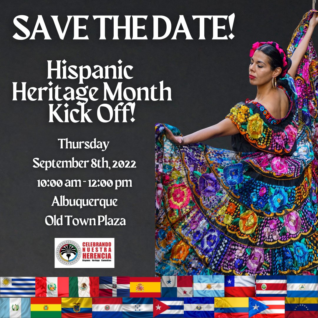 NMHHC1's tweet photo. The New Mexico Hispanic Heritage Committee is proud to kick off #HispanicHeritageMonth in New Mexico on Thursday, September 8th beginning at 10:00am at Old Town Plaza in Albuquerque! This is open to the public! Join us as we celebrate our amazing diversity and culture! https://t.co/VUkMXziwoh