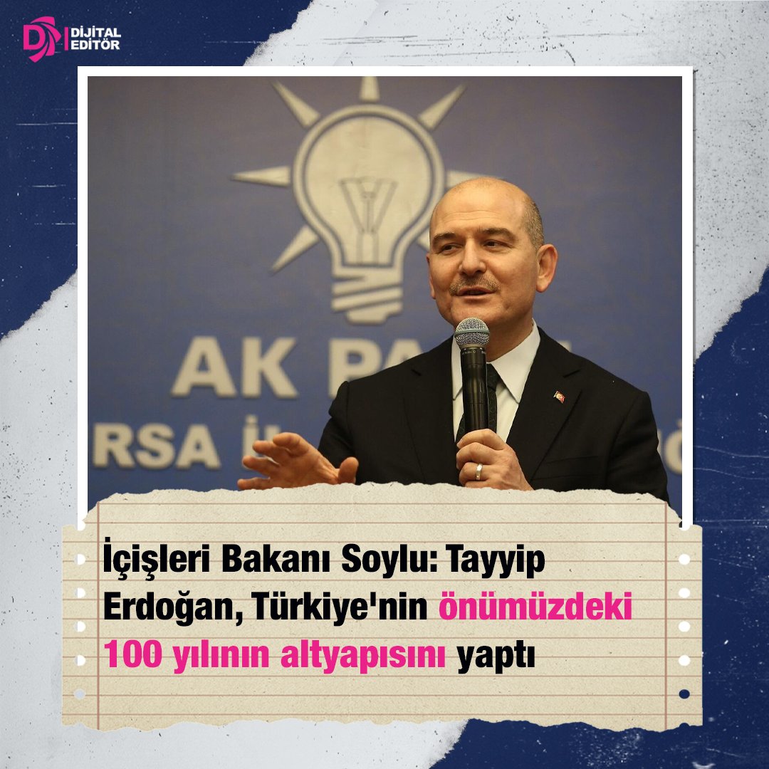 dijitaleditor's tweet photo. İçişleri Bakanı #SüleymanSoylu, Cumhurbaşkanı Recep Tayyip #Erdoğan'ın, Türkiye'nin gelecek 100 yılının altyapısını yaptığını belirterek:

"Geçmiş 100 yılın da başımıza gelen felaketlerden dolayı oluşan açığını kapatmaya çalıştı" dedi. https://t.co/4ClIcJegO3