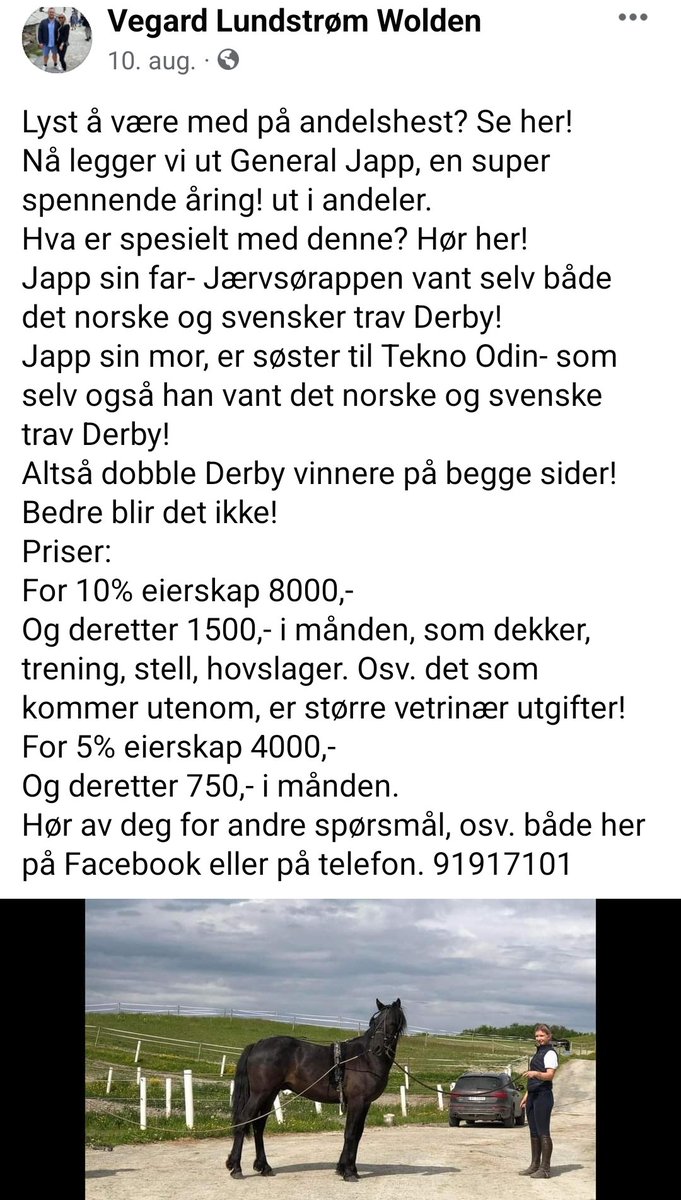 Lyst på en andelshest med doble Derbyvinnere på begge sider til en billig penge? Se her.. <a href="/VWolden/">Vegard L Wolden</a> har General Japp etter Jærvsørappen&amp;Tekno Jenta som er søster til Tekno Odin. Veldig spennende emne. 😍🐴