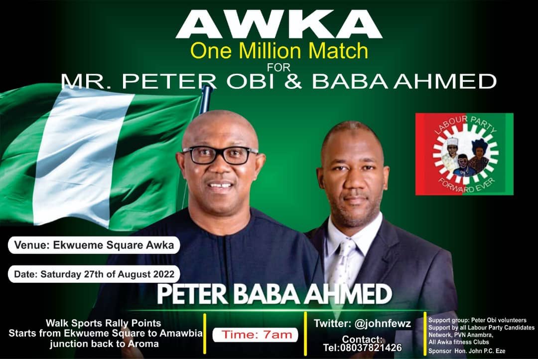 Johnfewz's tweet image. Awka One million March on the 27th of August. Take off point is from Ekwueme square to Amawbia junction and back to Aroma. We are doing a pre-march awareness tomorrow from Ekwueme square, you can join. Awka is fully Obidient @Chude__ @FS_Yusuf_ @firstladyship @AfamDeluxo