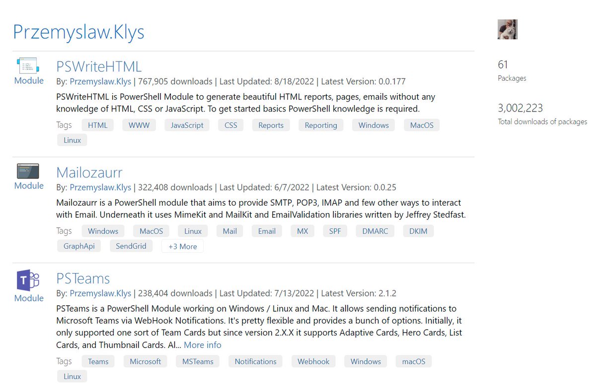 PrzemyslawKlys's tweet image. Finally reached 3 million downloads on #PowerShellGallery - time to celebrate 🥳🥳I&apos;m 8 million behind #Pester, but slowly getting there! #PowerShell I need to release some new modules to up my chances!