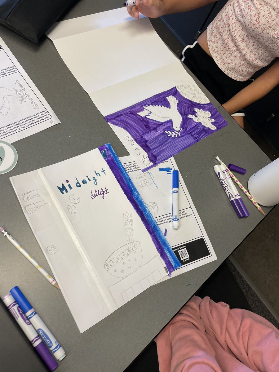 mrssnyder007's tweet photo. #CampVIDA!!! @VIDASHARKS getting their first (maybe second) taste at #DesignThinking by designing a unique cereal and box for their partners! #Empathy first, then #Ideate, then #Prototype. Super creative 6th graders designing for others! #WeAreVIDA https://t.co/S8ktU15nnV