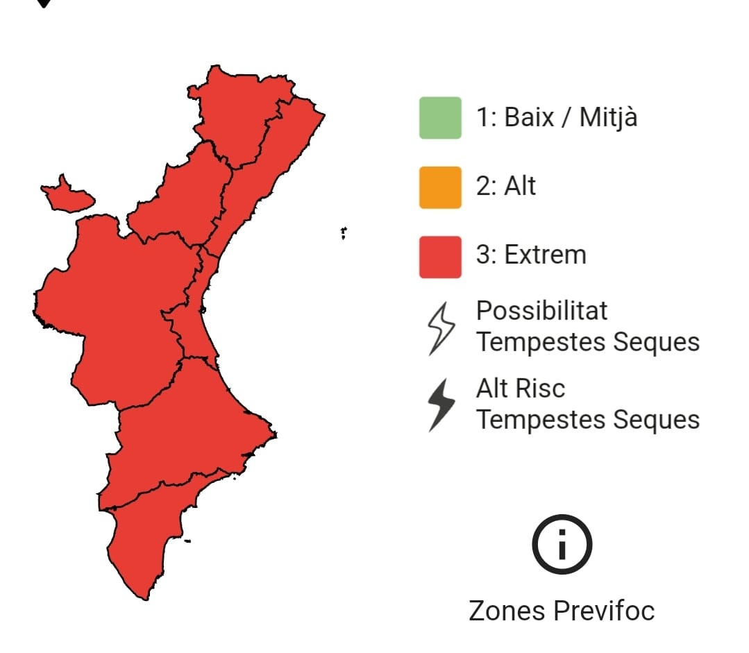 🔴El nivell de preemergència per risc d'incendis forestals per a demà a tota la Comunitat Valenciana és EXTREM.

⛔️🔥 Recorda que amb #Previfoc 3⃣ està prohibit fer qualsevol tipus de foc. 

☎️Si veus foc o fum, telefona a l'1·1·2.

#StopAlFoc