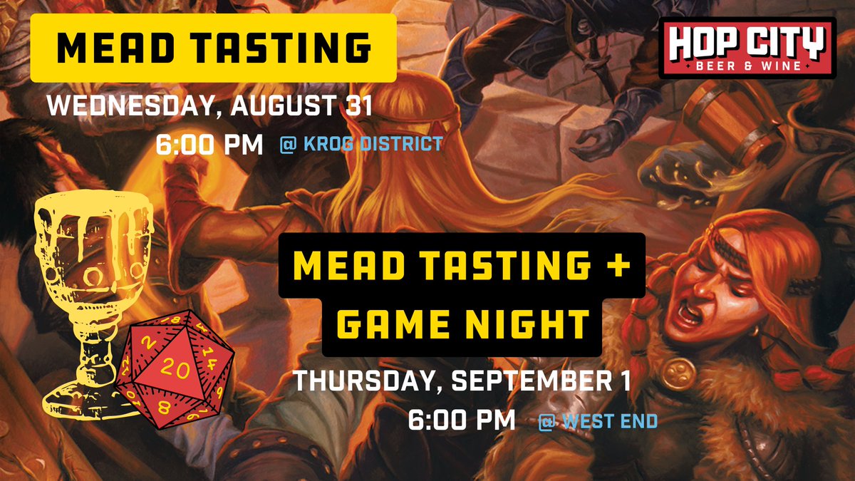 We have 2 great events leading up to Labor Day weekend!

Wed 8/31 at 6:00pm at Hop City Krog District.  $25 tix featuring Beetown, Schramm’s and Superstition

Thur 9/1 at 6:00pm at Hop City West End (aka The Cellar). $20 tix featuring Monk's Mead, Viking Blod, Viking Alchemist