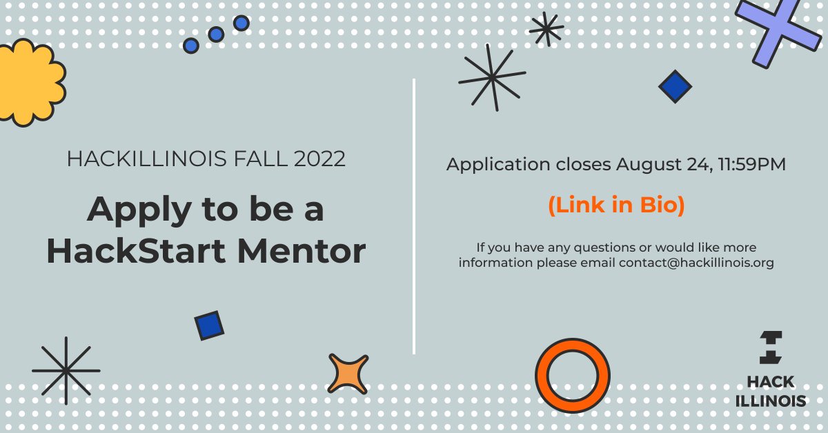 Calling all mentors! 📣
We are looking for mentors who can guide beginner programmers through an intro project and encourage them to explore computer science!
Check the application link below for more info! Applications close August 24 at 11:59pm CDT 
go.hackillinois.org/hackstart-ment…