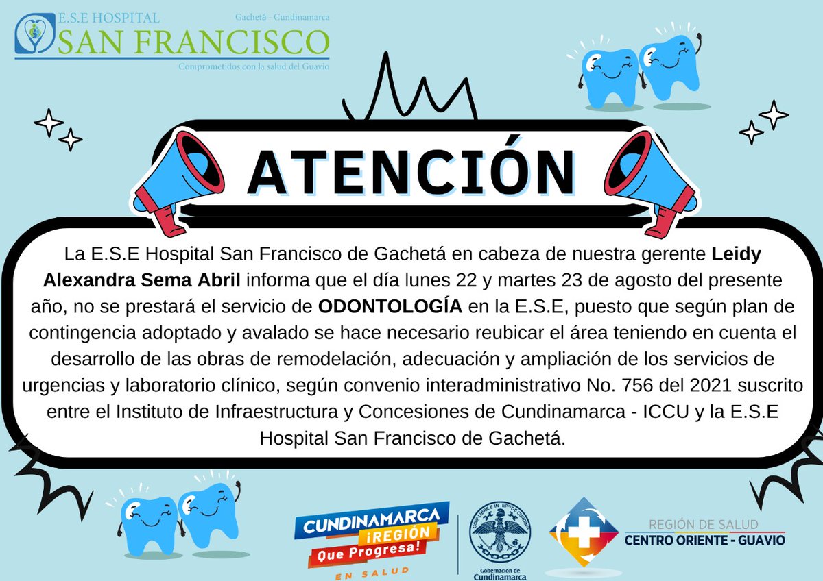 HospitalGacheta's tweet photo. 🔊⚠️ INFORMACIÓN IMPORTANTE ⚠️🔊

22 y 23 de agosto no se prestará servicio de ODONTOLOGÍA en la E.S.E Hospital San Francisco de Gachetá. https://t.co/nLVGh9EURj