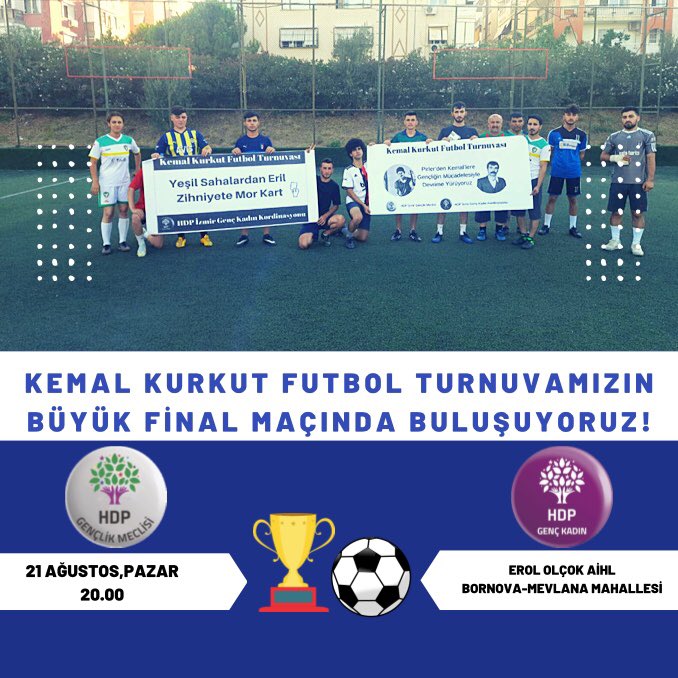 Tüm coşkumuzla sürdürdüğümüz Kemal Kurkut futbol turnuvamızın büyük finaline tüm yoldaşlarımız ve halkımızı bekliyoruz.

Ji bo fînala mezin a tûrnûvaya futbolê ya Kemal Kurkut em li benda hemû heval û gelê xwe ne ku em coş û kelecana xwe bi hev re parve bikin.