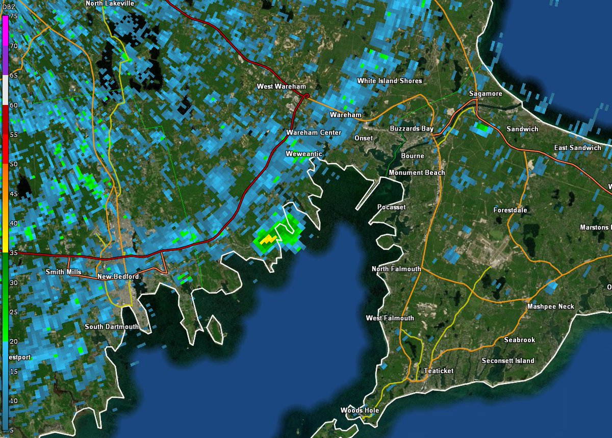 NWSBoston's tweet photo. [145 PM Fri] Radar is detecting what is most likely a smoke plume in Mattapoisett, MA. https://t.co/ivTwNo83rs
