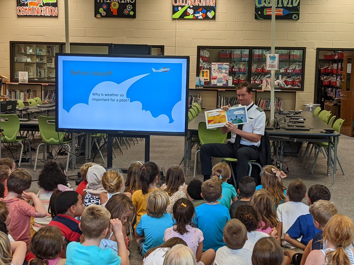 davistigers87's tweet photo. These first graders were so excited to have a real pilot come in and share about his job! Captain Marshall spoke to students about being a pilot and how weather impacts his job daily. Thank you Captain Marshall. @CobbSchools @KristinErbskorn @JennCarusone #theDavisDifference https://t.co/2FOd4r43qw
