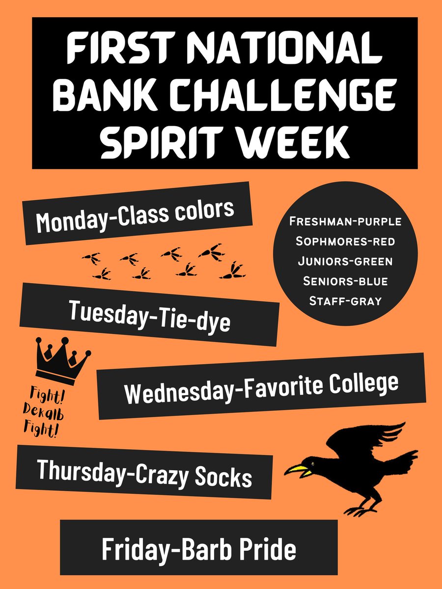 Attention Barbs! Student Council invites you to participate in our first Spirit Week of the 22-23 school year in honor of the 1st National Bank Challenge football game vs. Sycamore! Go Barbs!