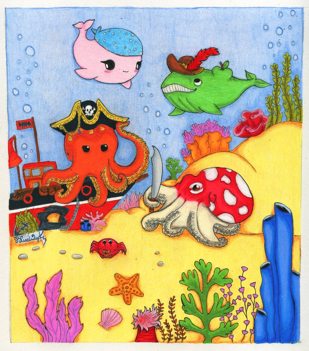 Drew a cute underwater scene with my friends characters! They're having a pirate party XD 

Experimenting doing full backgrounds so I can illustrate children books one day :3

#artistsontwitter #Artfight2022 #illustration #cute #pencilart #draw #underwater #traditionalart