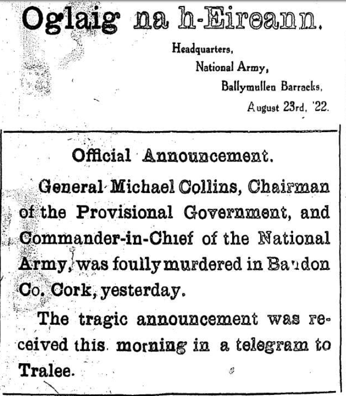 CivilWarInKerry's tweet photo. The 'Kerry People' (in its final edition before it was suppressed) carries the official announcement of the death of Michael Collins #MichaelCollins
#collinsgriffith100 #CivilWar #Collins100 https://t.co/MrmHcX6WwP