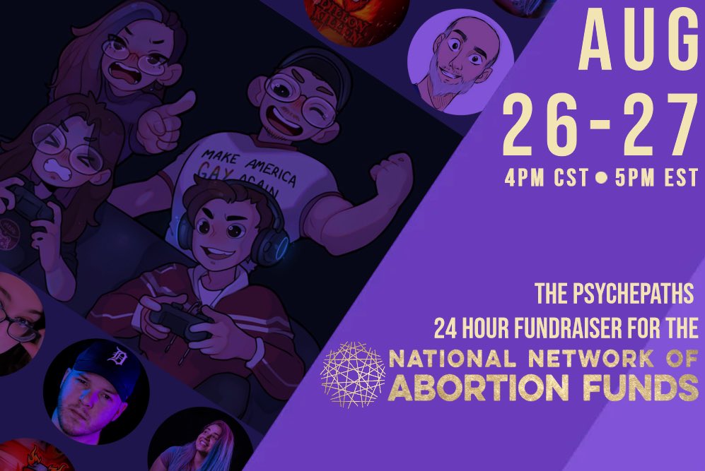 PsychePaths's tweet image. The PsychePaths officially invite you to our next 24 hour charity event! Our team will be raising funds for the NNAF @AbortionFunds an organization that aids in reproductive health across America. 

Things kick off on August 26th and end the 27th, help us spread the word! 🎉🎉
