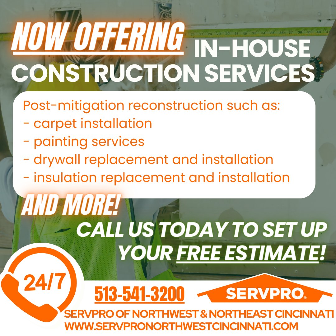 And just like that, SERVPRO of Northwest and Northeast Cincinnati now offers in-house construction services! 🔨

You no longer have to stress about post-mitigation repairs - we can do it all! Call us today to get started: 513-541-3200 ☎