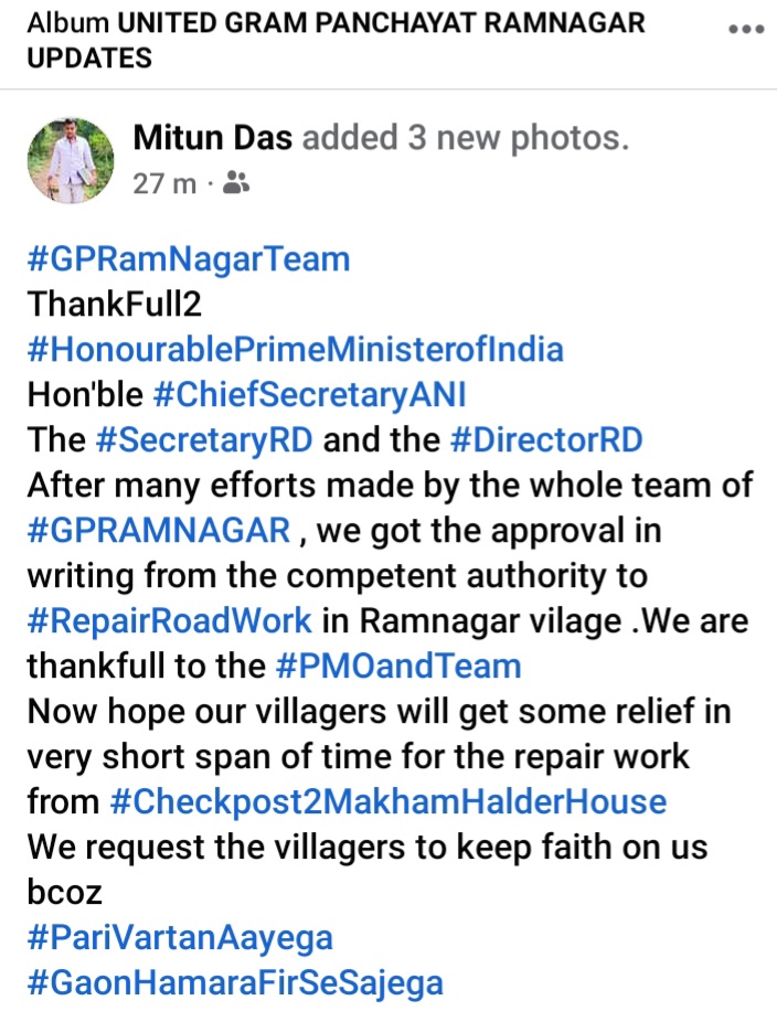 er_mitun's tweet photo. #GPRamNagarTeam
#ThankFull2
@narendramodi @PMOIndia
@Andaman_Admin @DcSouthandaman @DC_NMAndaman @DirPris @sanjaybalanpb @Umar_0137_mbest @annamalai_k @Pallav_Bunty @DDas_Gupta @Gaur55704923 @cmohammedani
for approval of PMGSY -2 repair work of Rural Road https://t.co/0VBHzsSlPQ