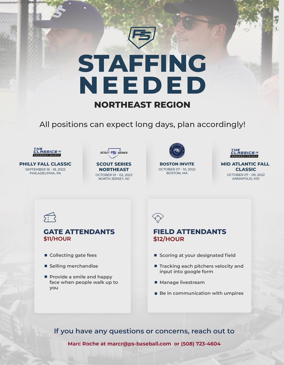 Looking to work weekends this fall? <a href="/PSBaseballinc/">Prospect Select</a> is currently hiring field and gate attendants for various events! See the details below and please reach out if interested!