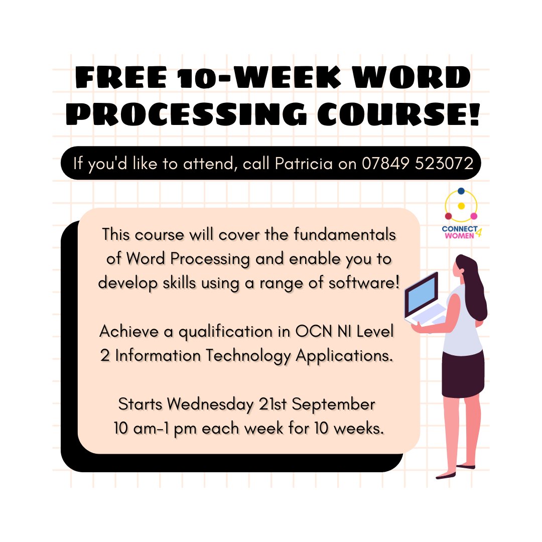 womenstec's tweet image. A reminder that we have a free 10-week IT course starting next month! It covers the fundamentals of Word Processing and you will get an OCN Level 2 in Information Technology Applications. Call Patricia on 07849523072. #computing #computingcourse #course #belfast #coursebelfast