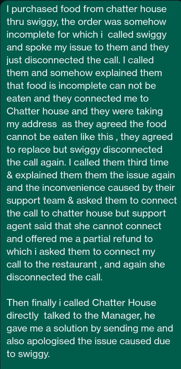 Shezaim's tweet photo. Thank you Mr Padam (Manager) @ChatterHousePub Nehru Place, for my dinner.
Have to say @Swiggy , this is the worst service ever I would expect for the trust we have in you. Please read Swiggy’s resolution and what actually happened to me. I wonder why do we pay money to swiggy https://t.co/kOmaI36EOw
