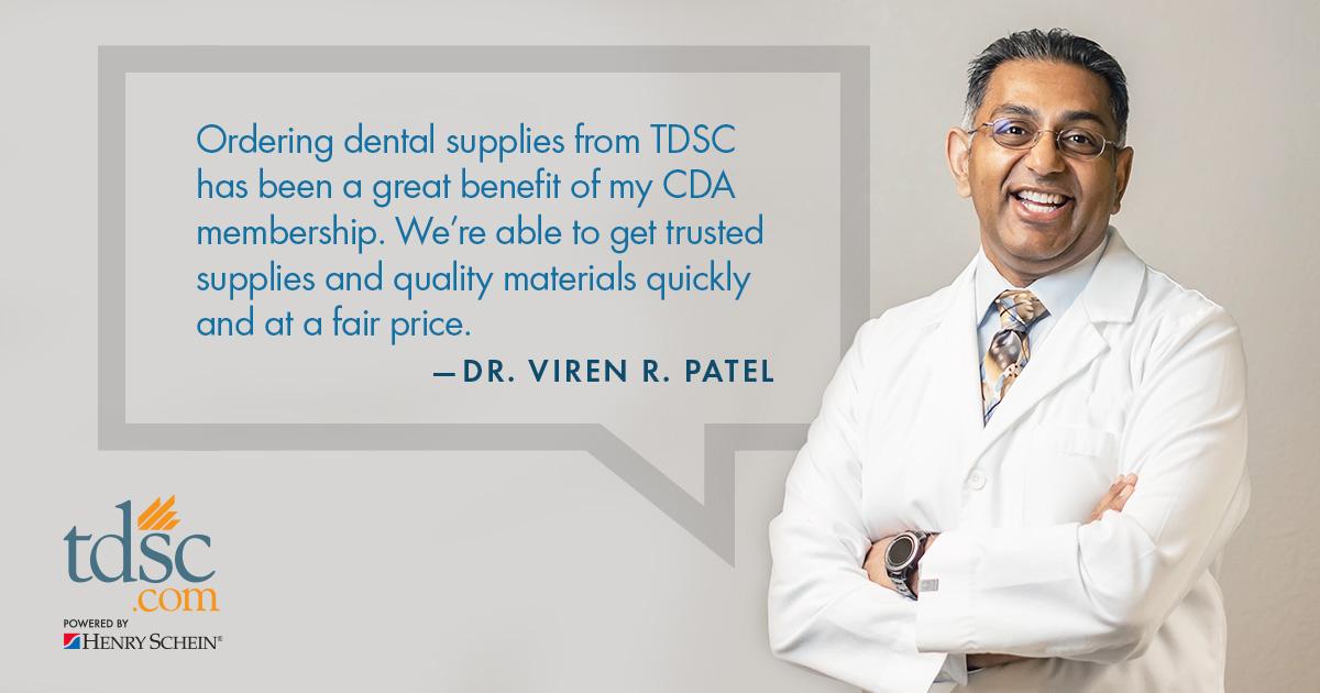 As a CDA member benefit, <a href="/TDSCdentists/">TDSC.com – The Dentists Supply Company</a> delivers consistent, competitive pricing for practices of every size. Purchase the supplies your practice needs today: bit.ly/39Dw7Dm