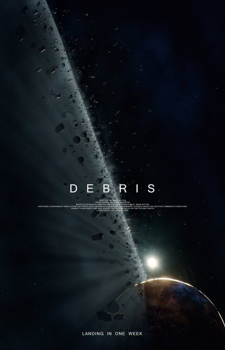 MarkBDesign's tweet photo. Another poster for #Debris that I will release next Friday! Stay tuned for more...
#blender #blender3d #b3d #shortfilm #Debris #3dmodelling #MarkBdesign https://t.co/Gz6LiZG3NG