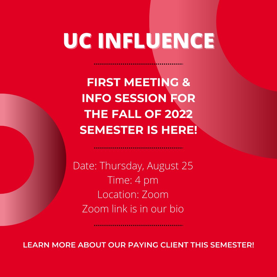 Hello UC Influencers! Our first meeting and info session for the semester is going to be on Thursday, August 25th at 4 pm via Zoom (Link is in our Instagram bio @ucinfluence). We are very excited to start the new semester and we can’t wait to see everyone! #ucinfluence #ucprssa