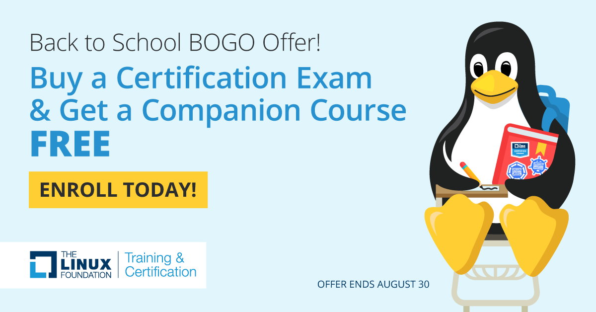 It's back to school time! To make it easier to gain the #opensource skills you need to succeed in your career, get a free training course when you register for a certification exam thru Aug 30 with code BACK2SCHOOL: hubs.la/Q01jCTWZ0 #learnlinux