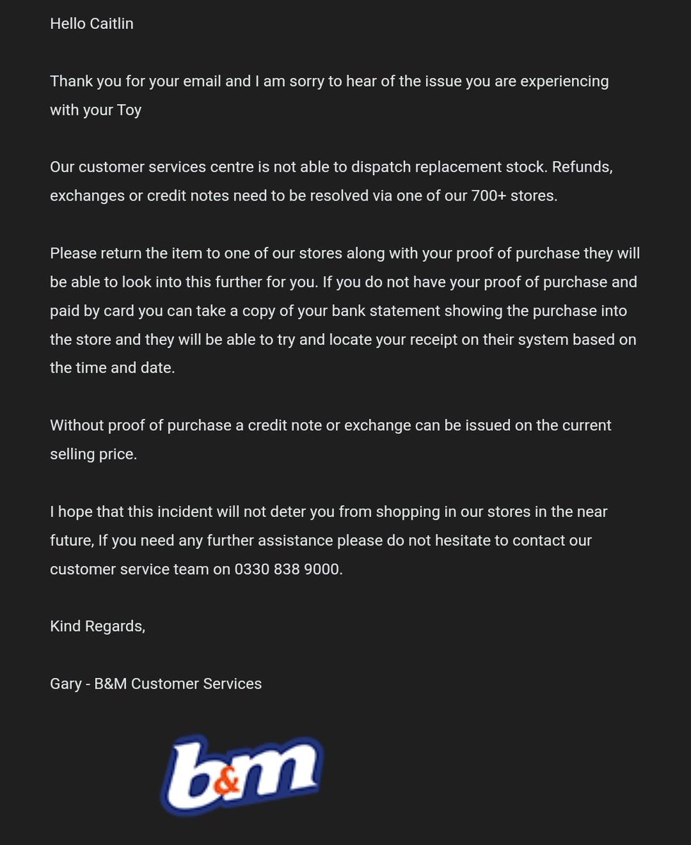 CaitClick's tweet image. Messaged @bmstores because the £12.99 car I bought Laurie doesn't work, explaining getting back to the store because of the ferry and bus will cost as much as the refund and they helpfully replied. Telling me to take it back to store. 🤦‍♀️