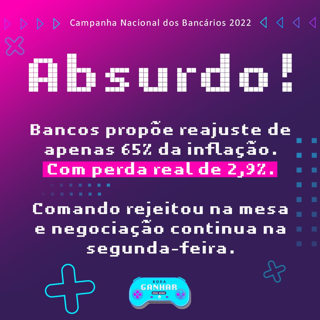 spbancarios's tweet photo. Absurdo! Os bancos, mesmo com lucros estratosféricos, propuseram reajuste de apenas 65% da inflação para os bancários, com perda real de 2,9% nos salários.

Rejeitamos a proposta na hora e aguardamos por outra proposta na segunda-feira! #BoraGanharEsseJogo https://t.co/tGJflbniUD
