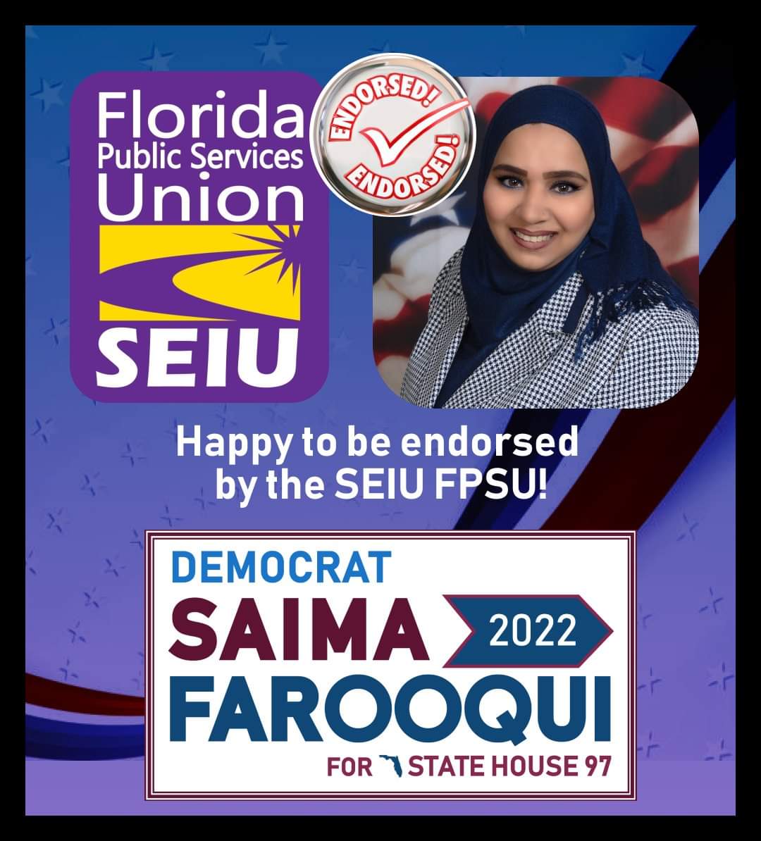 SaimaForFL97's tweet photo. Thank you to the SEIU FPSU for endorsing our campaign! https://t.co/OMGmlIOiFD