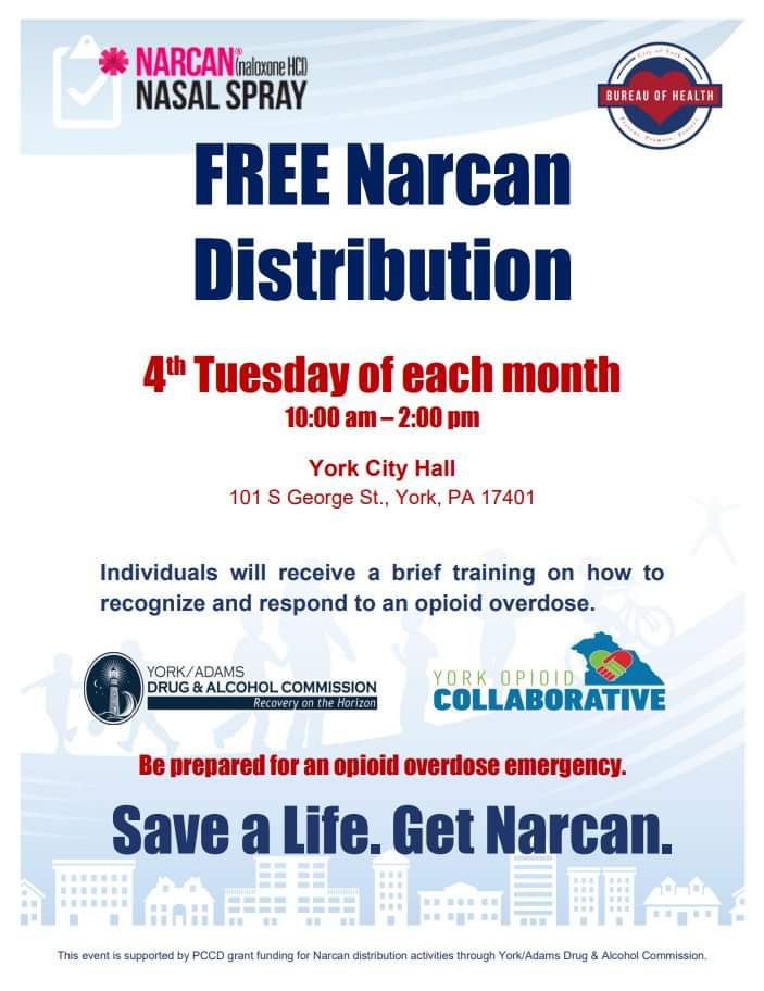 OpioidCollab's tweet photo. Narcan distribution this upcoming Tuesday at York City Hall! https://t.co/Ita0LyhDLo