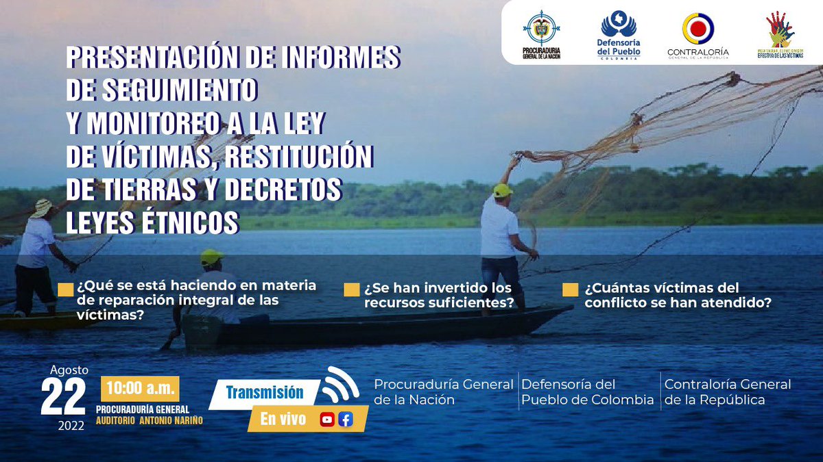 El lunes 22 de agosto, <a href="/CGR_Colombia/">Contraloría General de la República de Colombia</a>, <a href="/PGN_COL/">Procuraduría General de la Nación</a> y <a href="/DefensoriaCol/">Defensoría del Pueblo</a>, presentam los informes de Seguimiento y Monitoreo a la Ley de Víctimas y Restitución de Tierras, y Decretos Leyes Étnicos. ¡Conéctate!
🔴 youtu.be/p-bz-ih7Ll8
🔵 fb.me/e/2ImbqMUsC