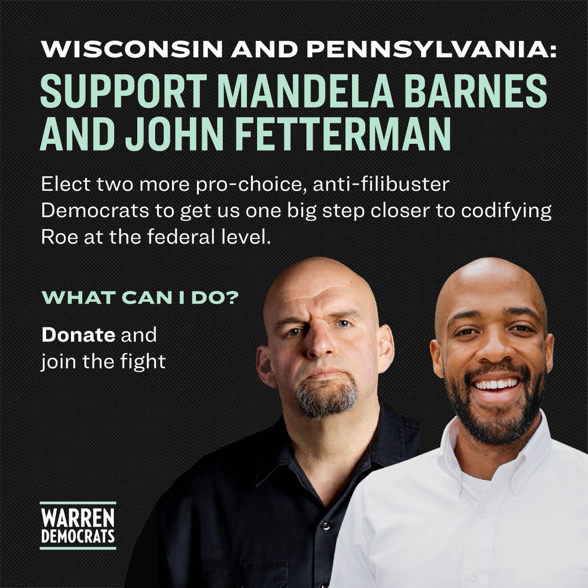 ewarren's tweet photo. If we elect two more pro-choice, anti-filibuster Democrats to the U.S. Senate, and if we hold onto the House, we can protect abortion rights nationwide as early as January. If you can, chip in to directly support @TheOtherMandela &amp; @JohnFetterman: https://t.co/K4cDaFNdMt https://t.co/4XGNixoUSG