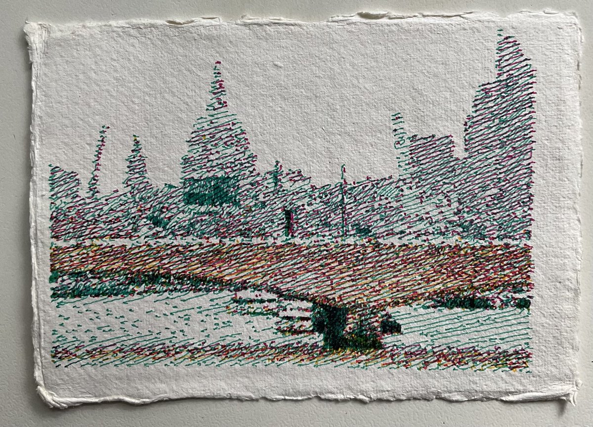 DrRJMondragon's tweet image. London. A6 postcard. Derwent LineMakers 6 colours. #plottertwitter #polargraph #vplotter