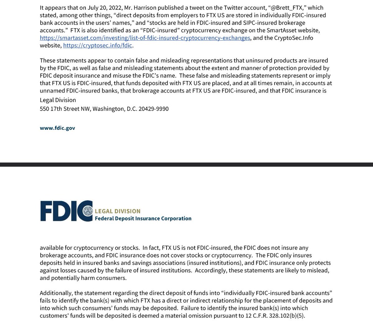 HsakaTrades's tweet photo. Cease &amp; Desist due to a tweet. Feds literally waiting for the tiniest of slip ups.

"In fact, FTX US is not FDIC insured, the FDIC does not insure any brokerage accounts, and FDIC insurance does not cover stocks or cryptocurrency" https://t.co/UdUtWvBZ5o