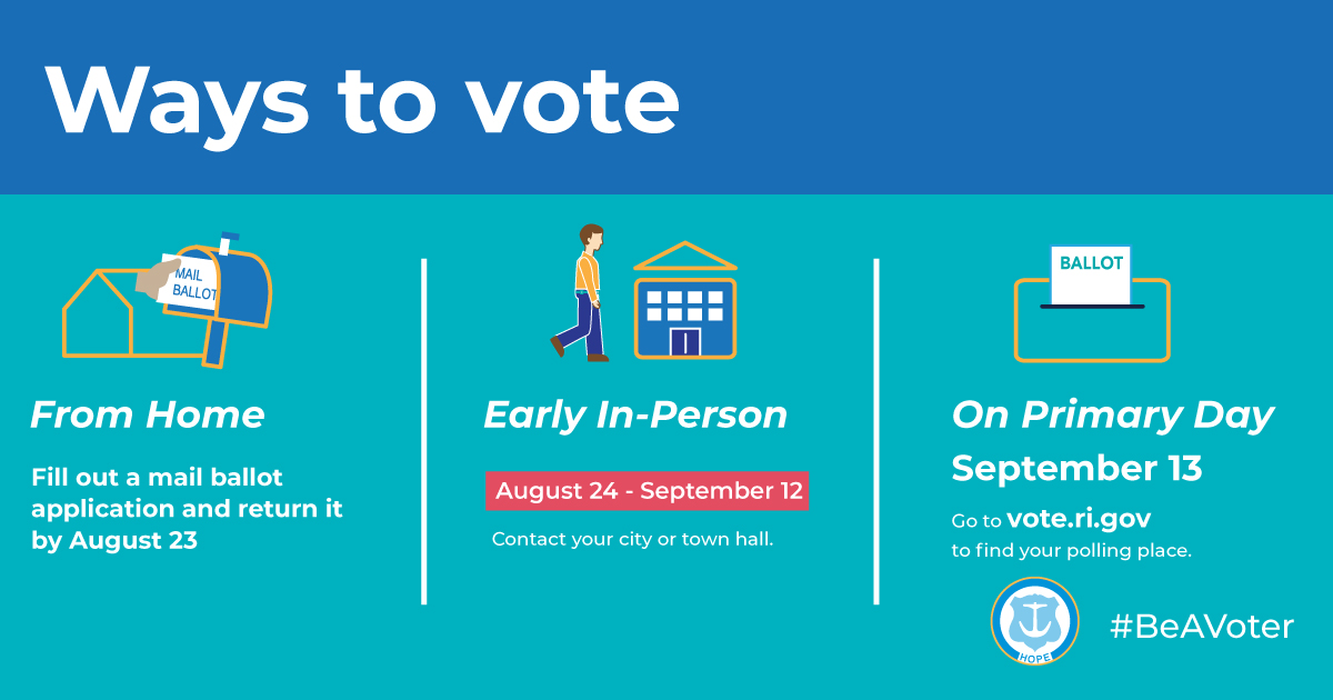 Want to vote by mail for the September 13 Primary? Mail ballot applications must be received by Tuesday, August 23, not postmarked. For more information visit: vote.ri.gov 
#BeAVoter #RIVotes #VoteByMail