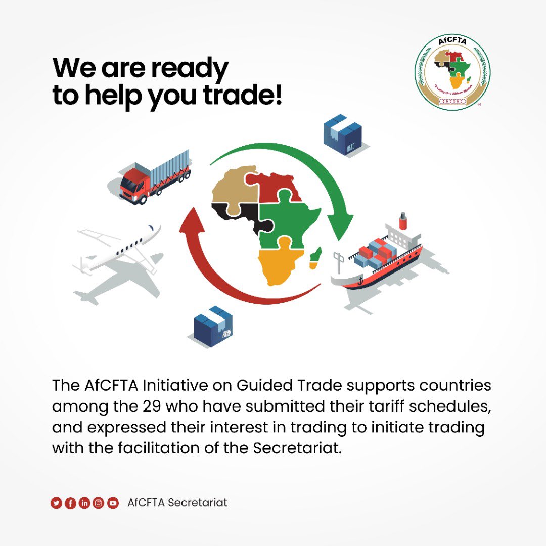 AfCFTA's tweet photo. We are ready to help you trade!

The Guided Trade Initiative is underway in earnest.

The focus of the Initiative is to emphasise the steps that are being taken to achieve intra-Africa trade and the benefits it will yield for the involved Member States.

 #AfCFTA #Guidedtrade https://t.co/2d5d0J7b4E
