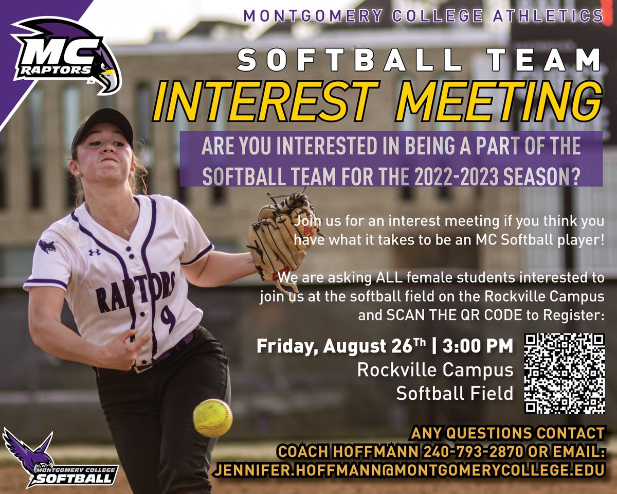 Are you interested in playing on the #MC_Raptors softball team? Coach Hoffmann is holding an interest meeting on Friday, August 26th at 3 pm on the Rockville Campus on the Softball Field behind the PE Building. Register to attend by scanning the QR code, and we’ll see you there!