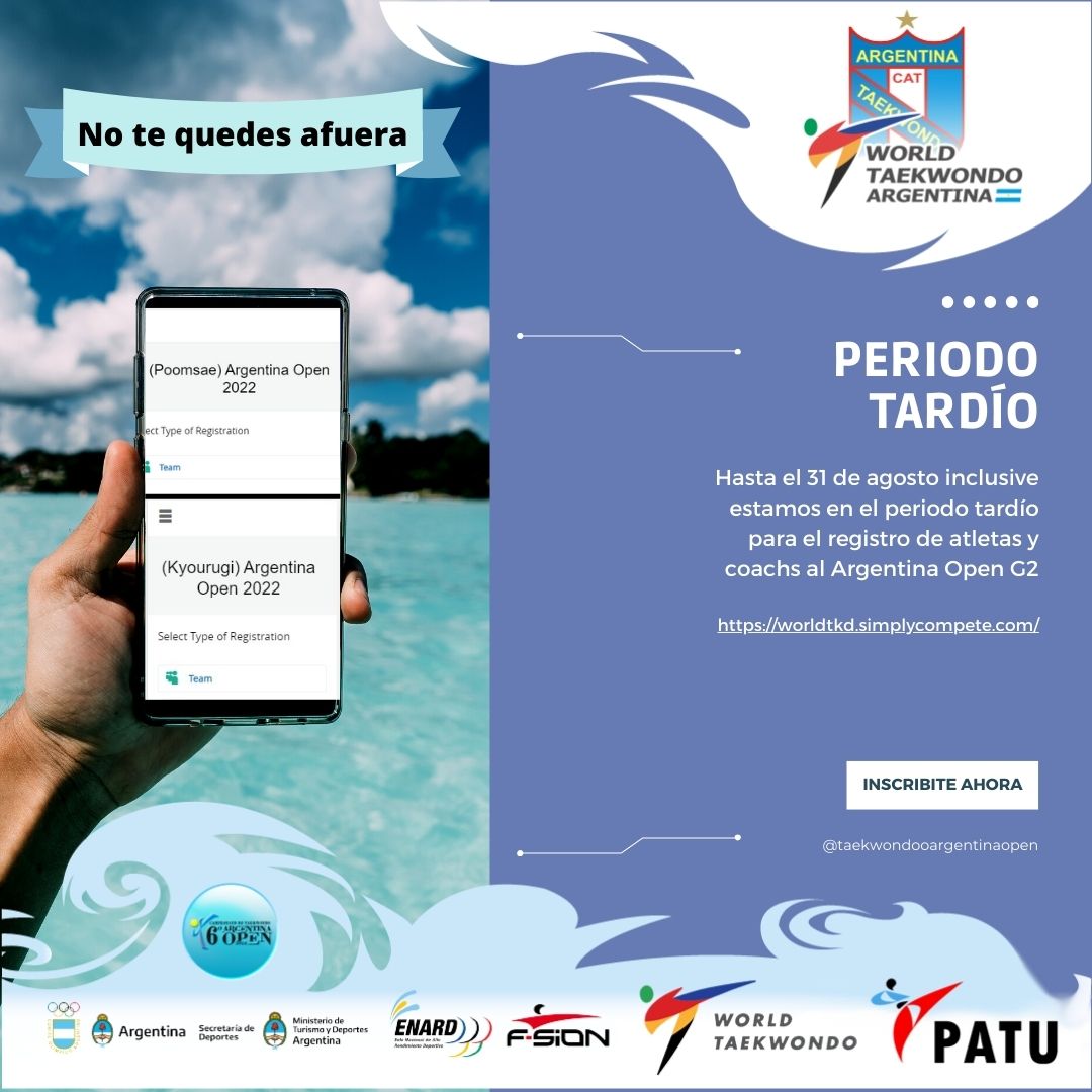TKDArgOpen's tweet image. ¡No te quedes afuera!
•
El 31 de agosto cierra el registro al #TaekwondoArgentinaOpen 6ta Edición #MarDelPlata 
•
On August 31st, registration closes. We are waiting for you.
•
@CATaekwondo @LocosXtkdOK @Mundotkd @masTaekwondo @PanAm_taekwondo
