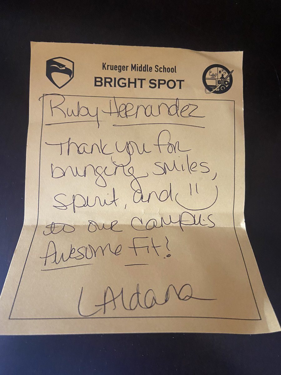 carby82's tweet photo. Happy FriYAY!!! A sweet note left in my box by Ms. Aldana @KMSFamilyKMS 😊 I feel blessed to be at Krueger. Change is always unknown. So far it’s been a good change in this new role. I’m excited (also nervous 😄) to keep learning more! 🖤💛 #falconpride https://t.co/9zpt51BnYW