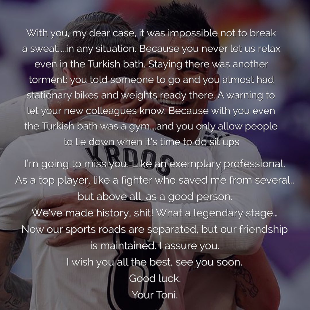 WolfRMFC's tweet photo. Nahhhh man these farewell letters to Casemiro from Kroos and Modric, really hit me in the feels. These guys spent almost everyday together for years. This is hurting them 100x more than the fans. https://t.co/M52kPztVuH