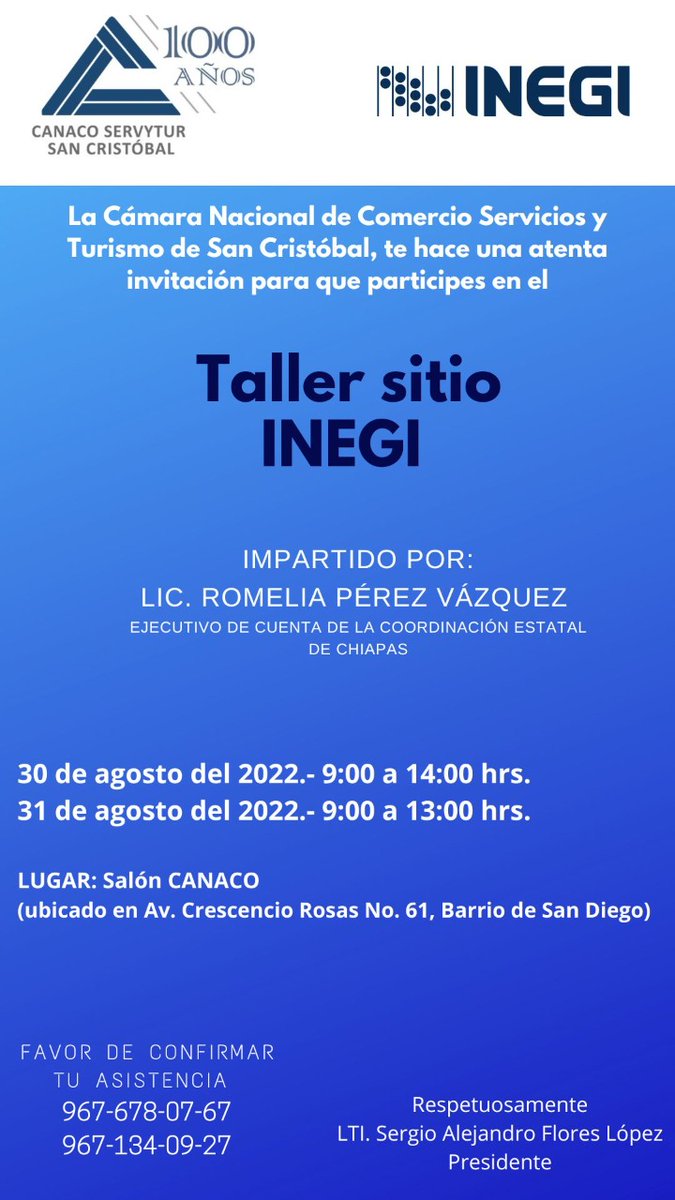 Participa en el **Taller Sitio INEGI** que tendremos próximamente en nuestras instalaciones. 

Confirma tu participación a los teléfonos de la Cámara de Comercio Servicios y Turismo de San Cristóbal de las Casas.

No olvides traer tu Laptop contigo.
#DENUE #INEGI