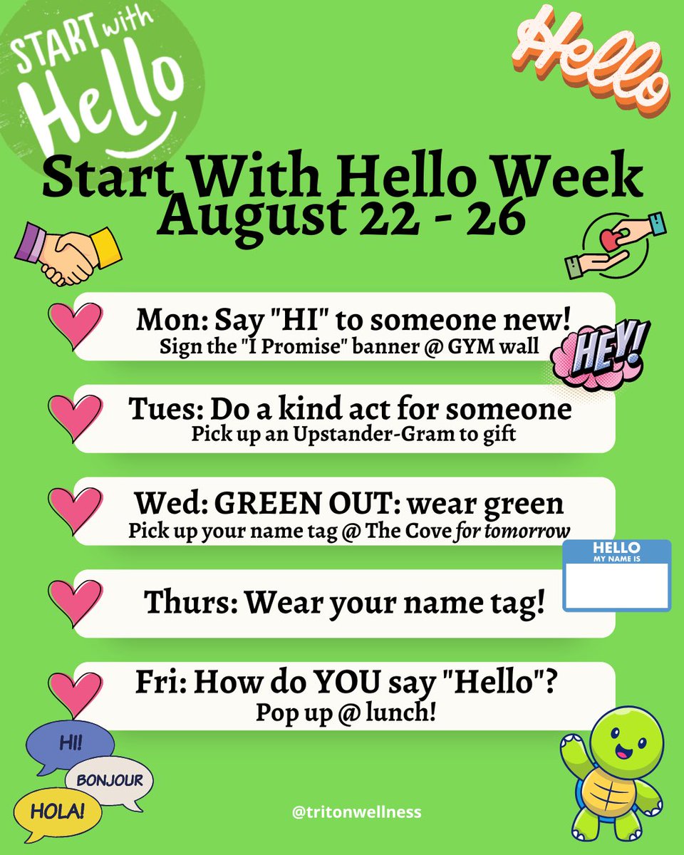🐢🔱💚 TRITONS! Next week is our first campaign #startwithhello 👋 we’re excited to break the ice and get to know the people around us! #tritonwellness @phs_tritons @esterdominguez_ @palomajmurillo